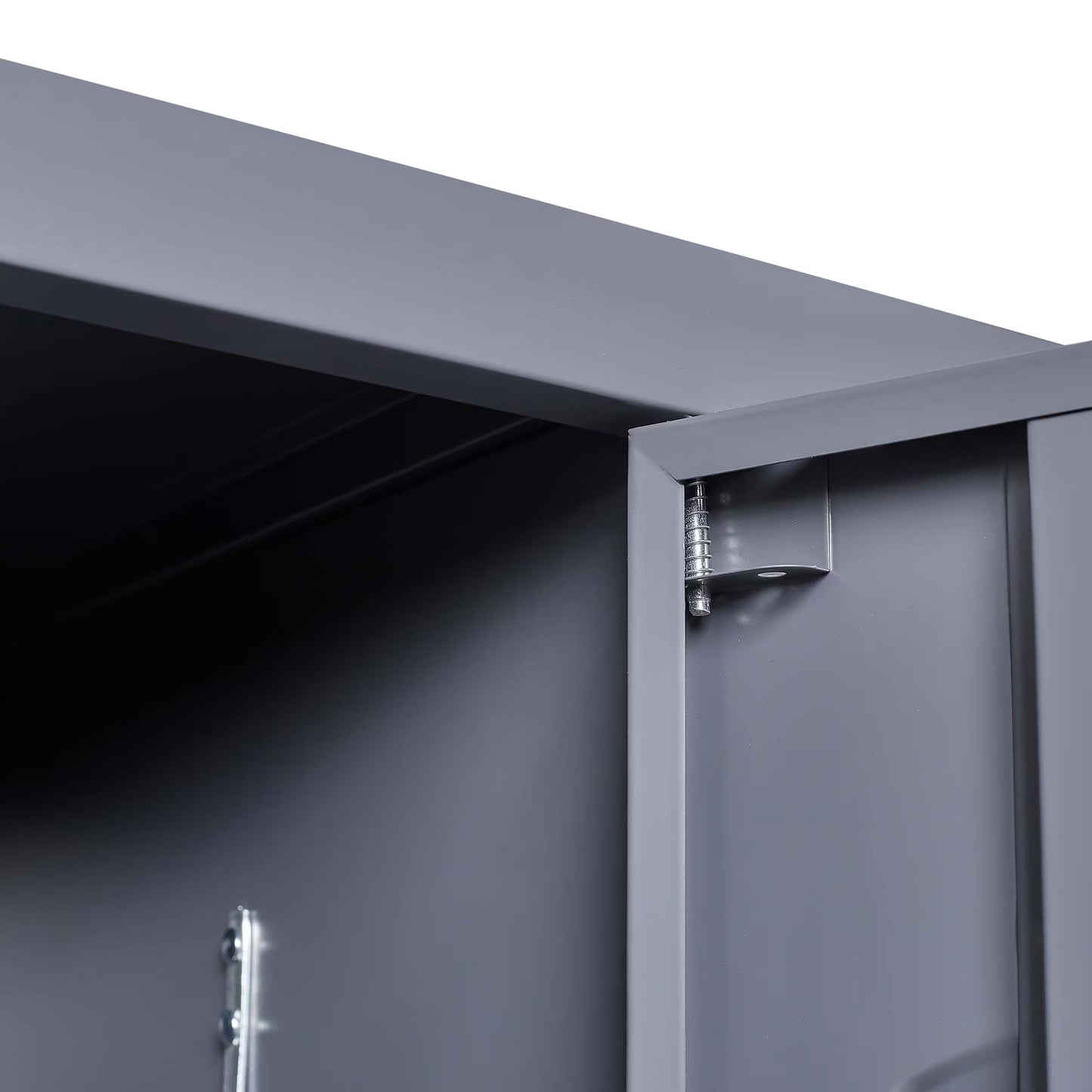 Gray metal locker interior with robust hinge and lock, ideal for home gym, office, school, or garage storage.