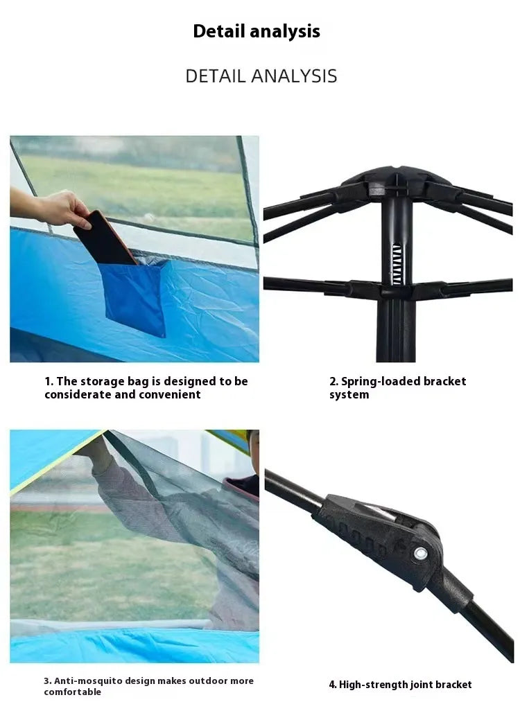 Double automatic camping tent detail analysis showing storage bag, spring-loaded bracket, anti-mosquito design, and high-strength joint bracket.
