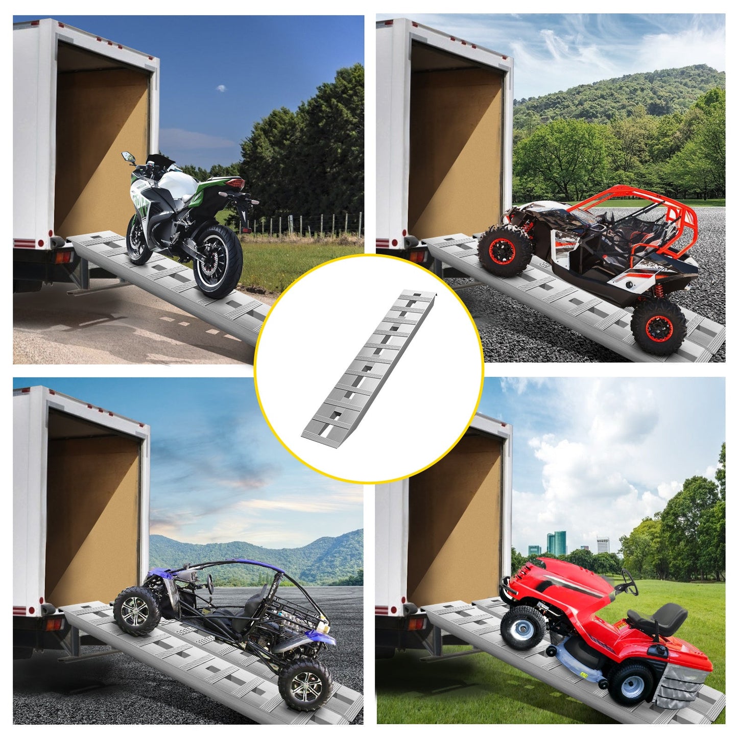 Aluminum trailer ramps with beavertail hook end, used for loading motorcycles, ATVs, and lawn mowers.
