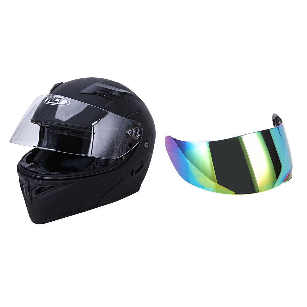 Full face modular motorcycle helmet with dual visor and colorful lens set against a white background.