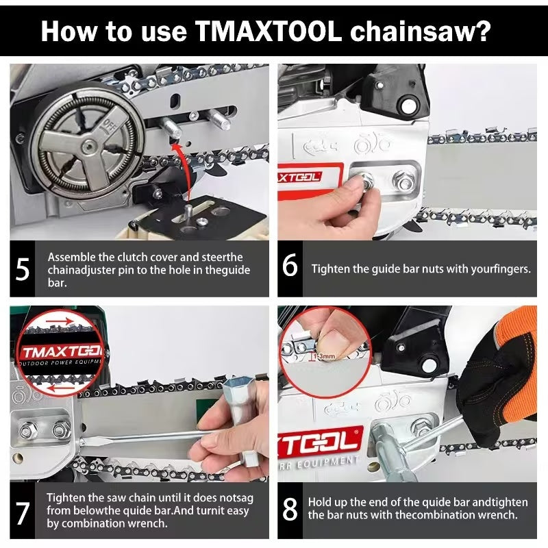 Instructions for using TMAXTOOL Powerful 20 Inch Gas Chainsaw with step-by-step assembly guide.