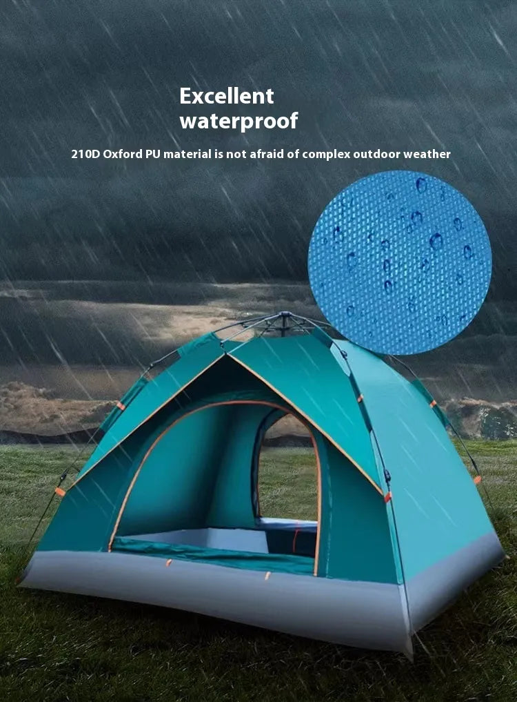 Waterproof double automatic camping tent for 3-4 people in rainy weather.