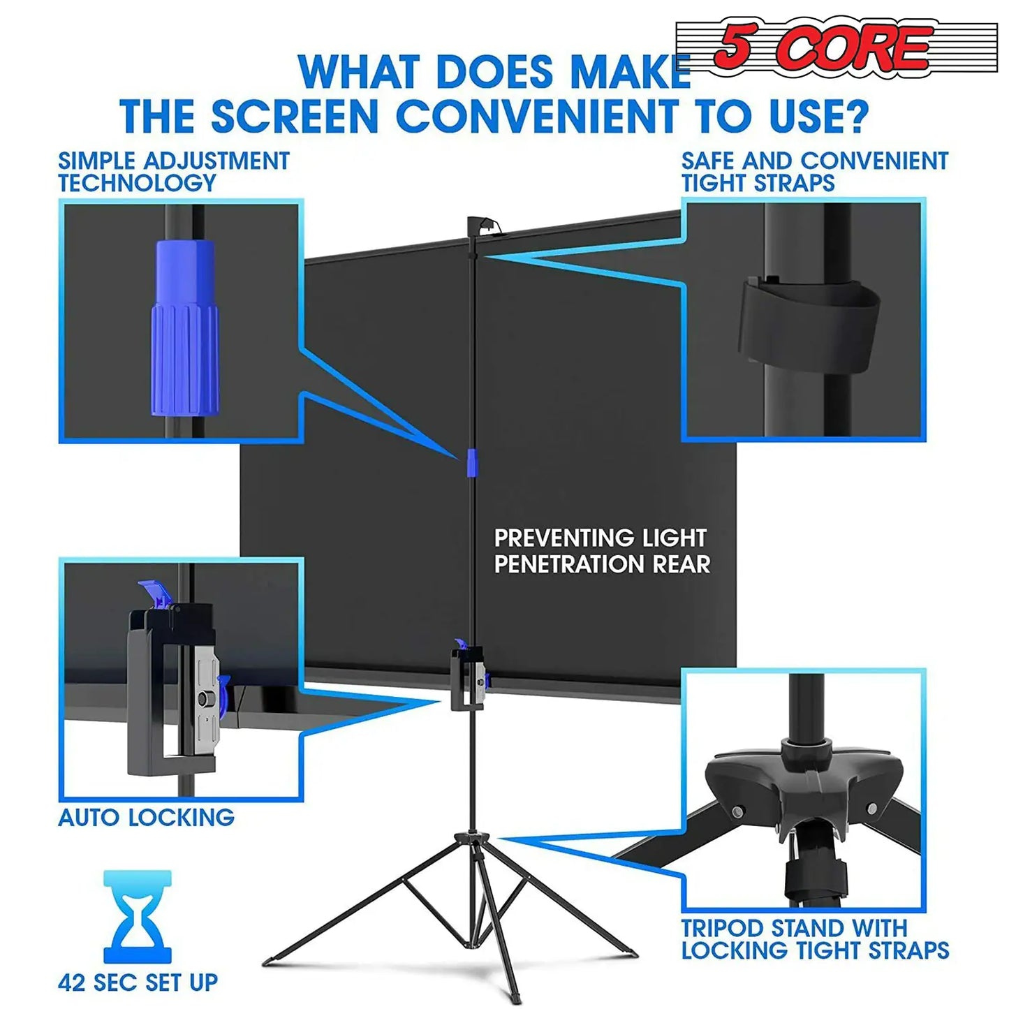 5Core Projector Screen with Tripod Stand 72" 4:3 Ultra HD Anti-Crease Indoor Outdoor Projection