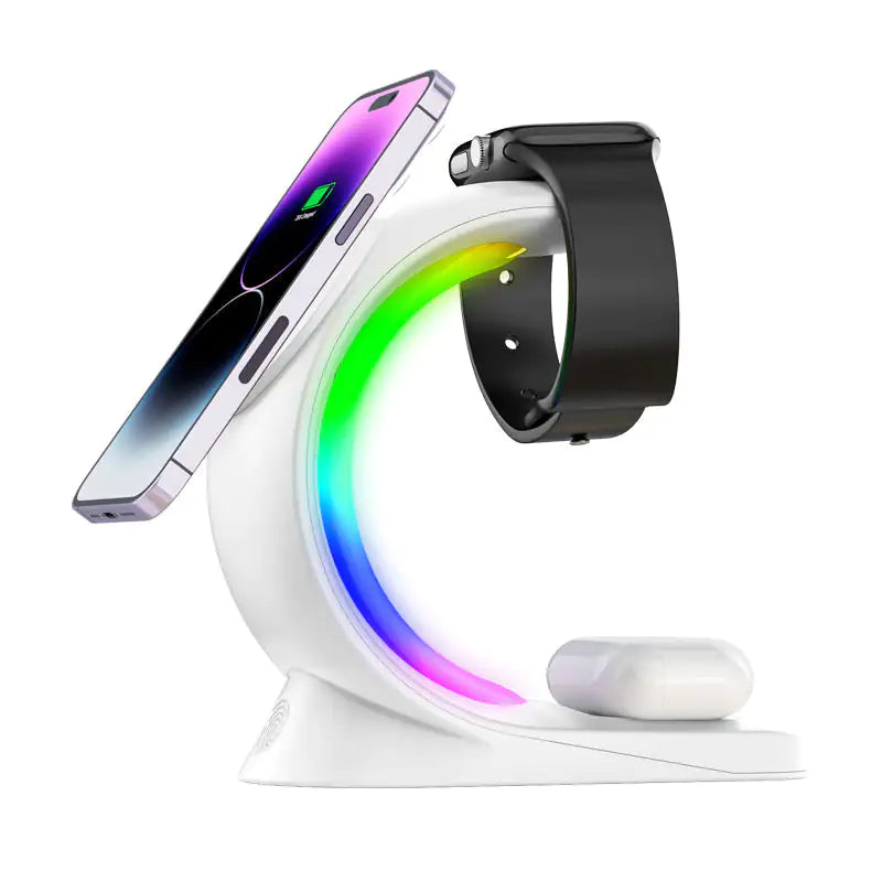 1 Magnetic Wireless Charger Fast ChargingAnti Spier Anti Spier4 In 1 Magnetic Wireless Charger Fast Charging For Smart Phone AtmosphOverview:
Magnetic charging Fast does not hurt the machine
Three in one Make your desktop cleaner
Touch design Convenient and fast
Dream RGB lamp effect Dye yo