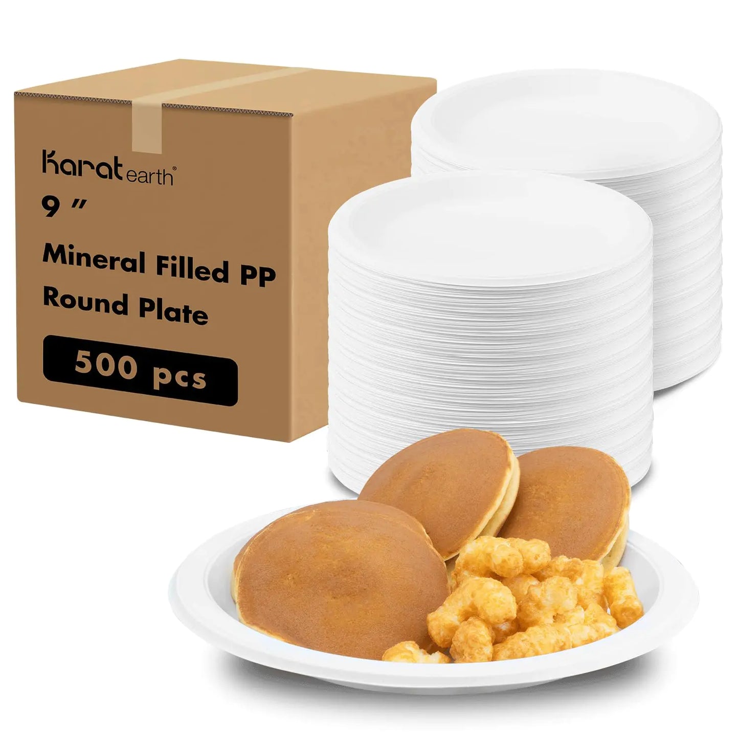 KARAT EARTH [9" - 500 pcs - 1 Compartment White Round Heavy Duty Disposable Plates - Eco Friendly Mineral Filled PP Plastic Reduce Plastic Use