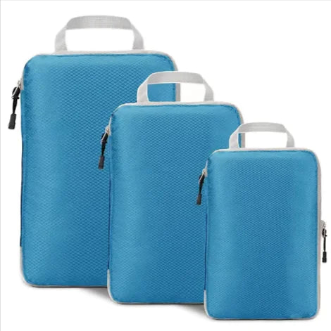 Amazon Travel Compressed Storage Bag 3-Piece Set in sky blue, featuring a cube-style design for optimal storage.