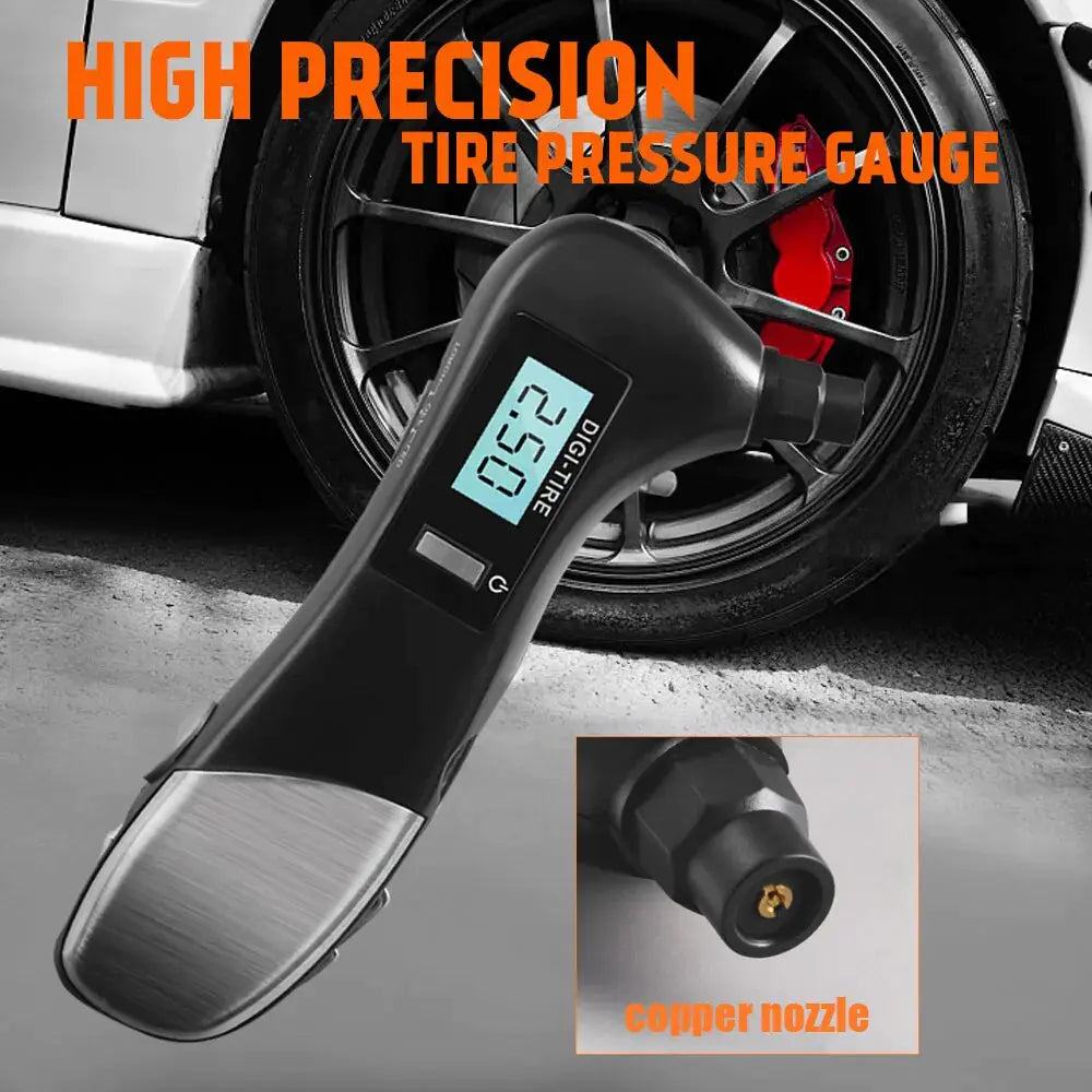 9 in 1 digital tire pressure alarm gauge with LED display near car wheel.