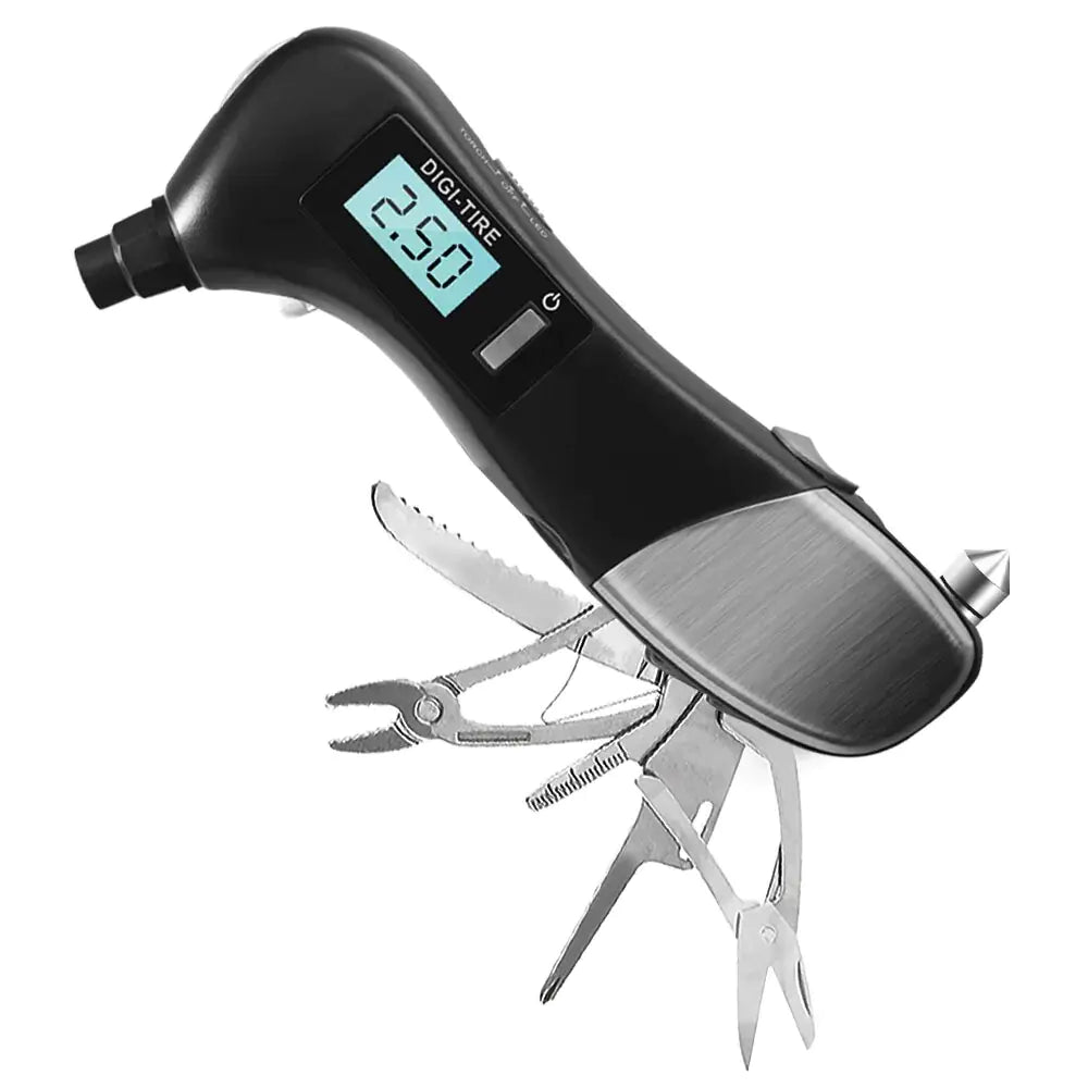 9 in 1 Digital Tire Pressure Alarm Gauge with LED display and multifunctional tools.