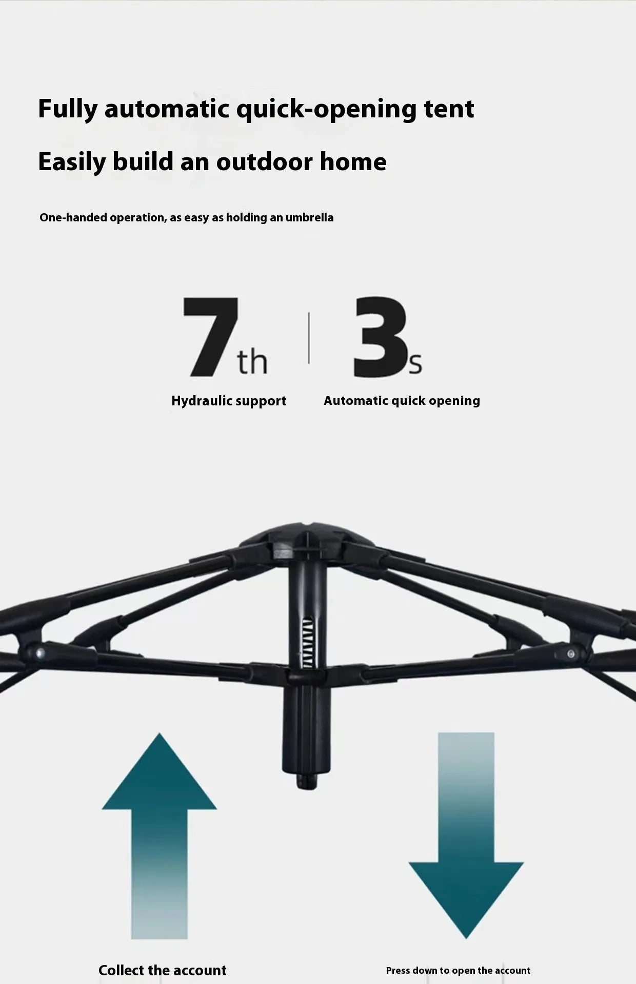 Double automatic camping tent with hydraulic support for quick setup.