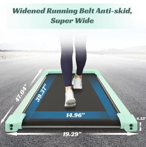 Widened running belt under desk electric treadmill with anti-skid surface, measuring 39.37" x 14.96", ideal for compact spaces.