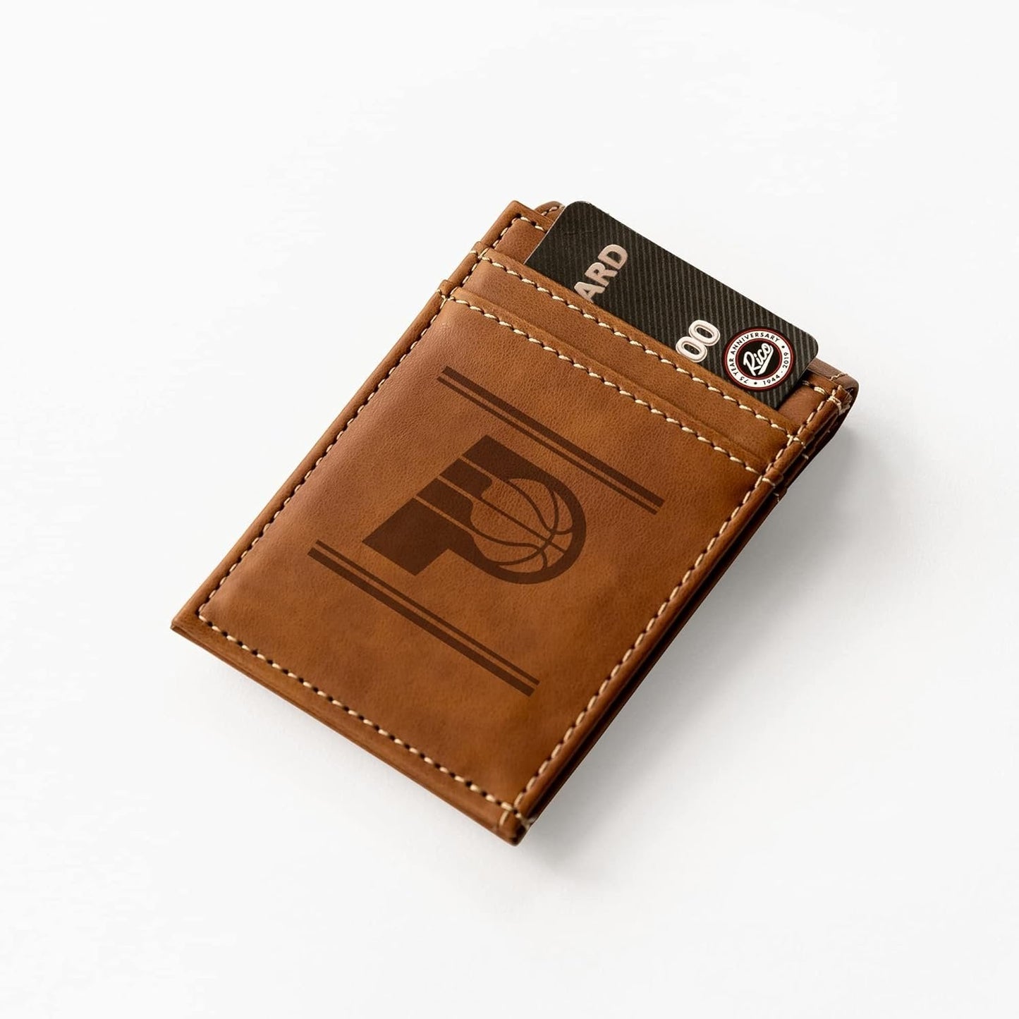 Rico Industries NBA Indiana Pacers Premium Laser Engraved Vegan Brown Leather Front Pocket Wallet - Compact and Slim yet Sturdy Design - Perfect to Show Your Team Pride or Gift