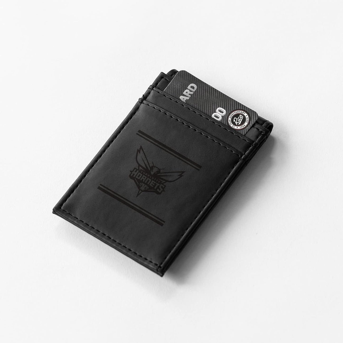 Charlotte Hornets Premium Black Leather Wallet, Front Pocket Magnetic Money Clip, Laser Engraved, Vegan