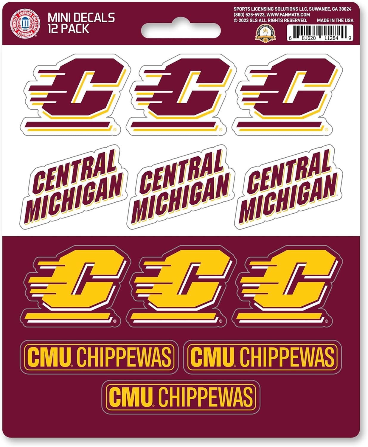 Central Michigan University Chippewas 12-Piece Mini Decal Sticker Set, 5x6 Inch Sheet, Gift for football fans for any hard surfaces around home, automotive, personal items