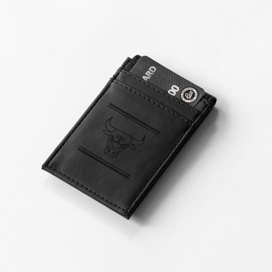 Chicago Bulls Premium Black Leather Wallet, Front Pocket Magnetic Money Clip, Laser Engraved, Vegan by Fielders Choice