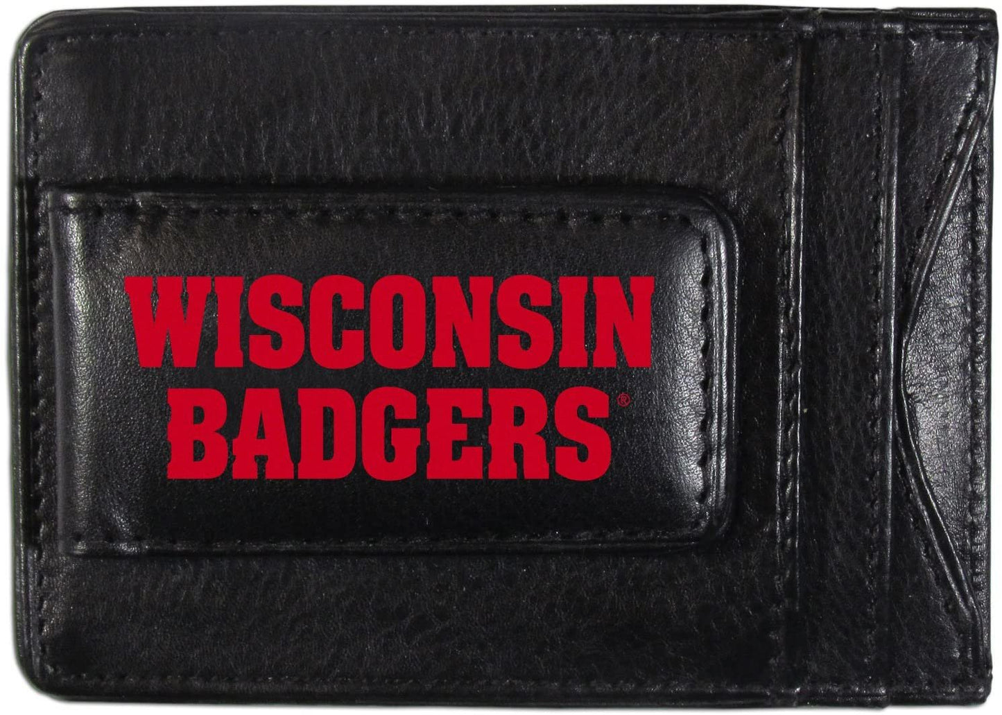 University of Wisconsin Badgers Black Leather Wallet, Front Pocket Magnetic Money Clip, Printed Logo