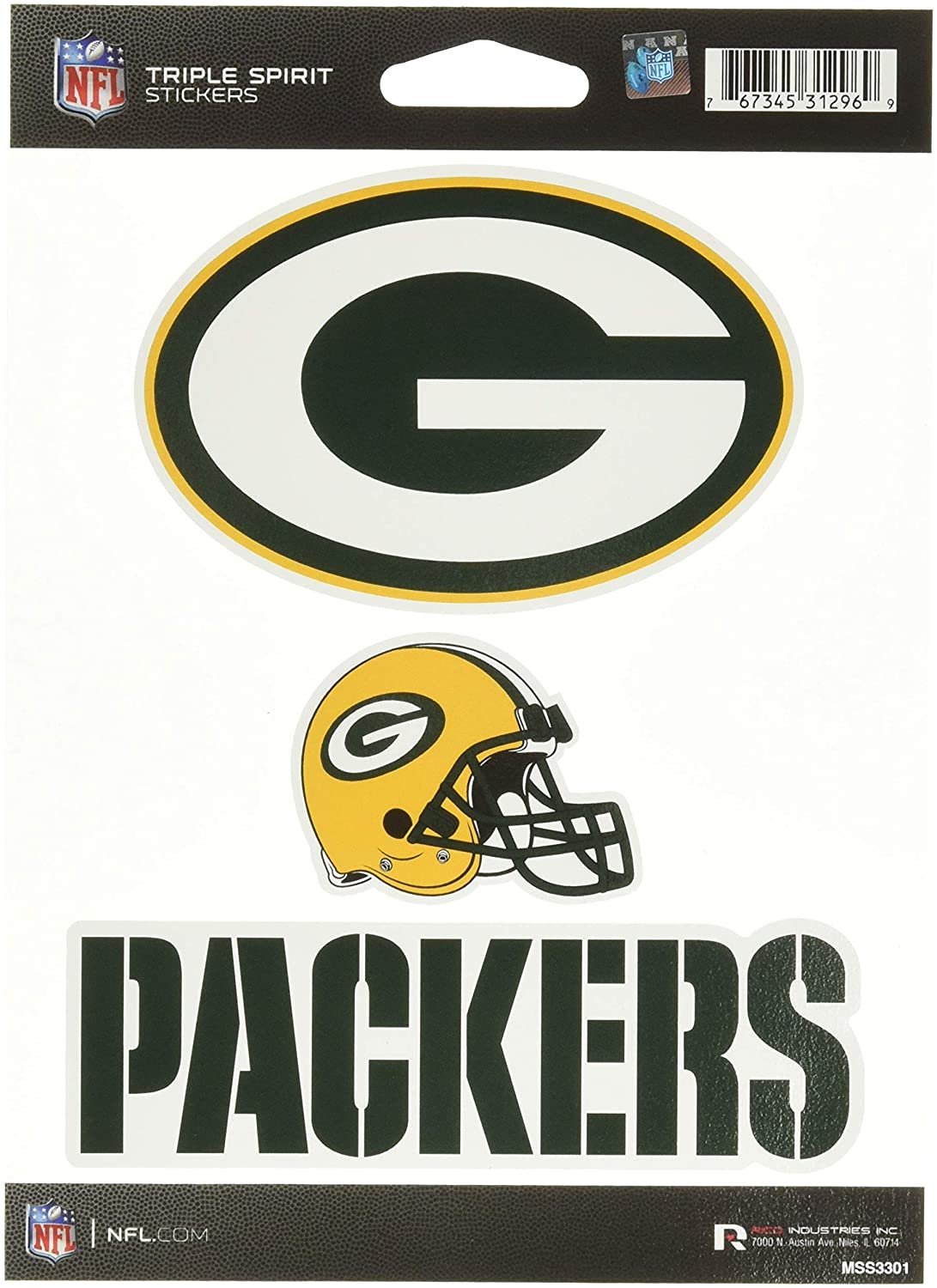 NFL Rico Industries Die Cut 3-Piece Triple Spirit Sticker Sheet, Green Bay Packers