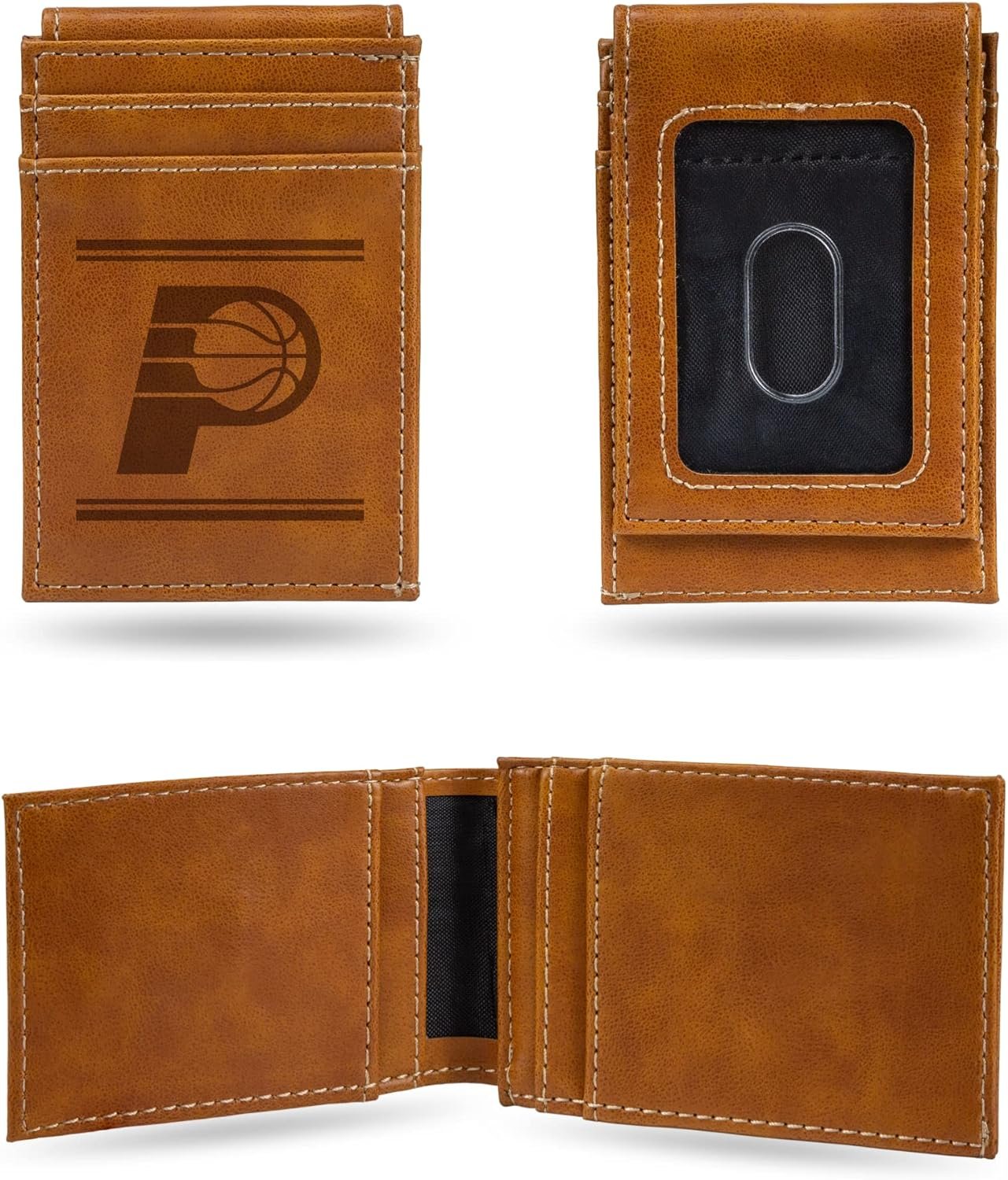 Rico Industries NBA Indiana Pacers Premium Laser Engraved Vegan Brown Leather Front Pocket Wallet - Compact and Slim yet Sturdy Design - Perfect to Show Your Team Pride or Gift