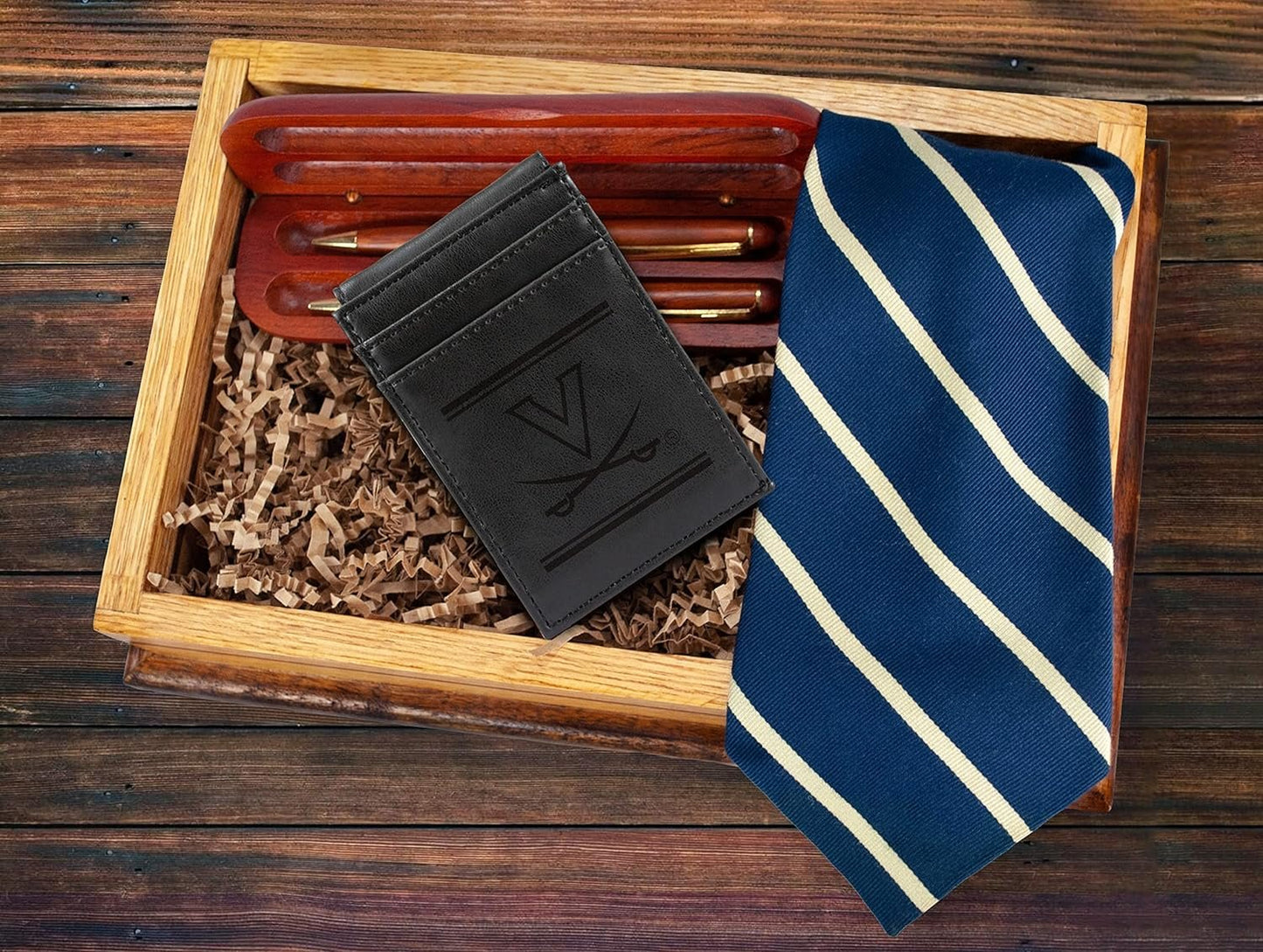 University of Virginia Cavaliers Premium Black Leather Wallet, Front Pocket Magnetic Money Clip, Laser Engraved, Vegan
