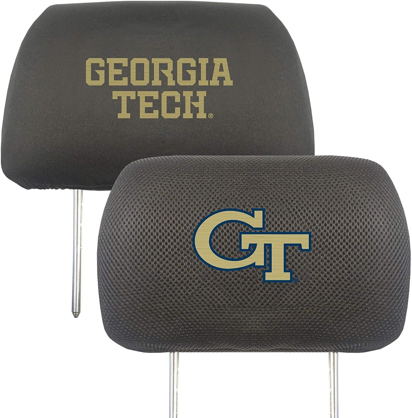 Georgia Tech Yellow Jackets Pair of Premium Auto Head Rest Covers, Embroidered, Black Elastic, 14x10 Inch