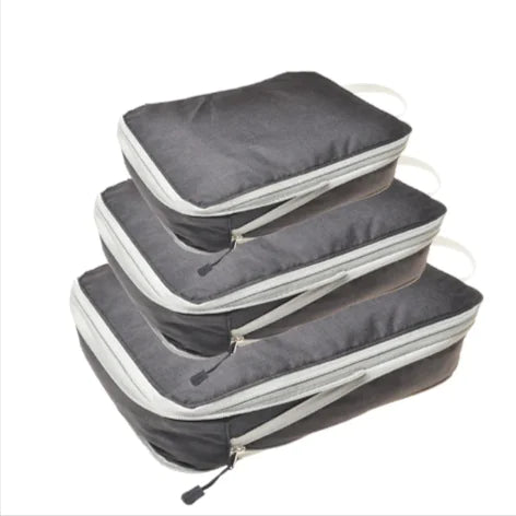 Amazon Travel Compressed Storage Bag 3-Piece Set in black nylon, featuring cube-style design for optimal travel packing.