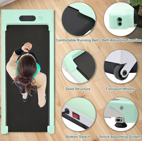 Under desk electric treadmill with compact design, LED display, shock absorption, and transport wheels.