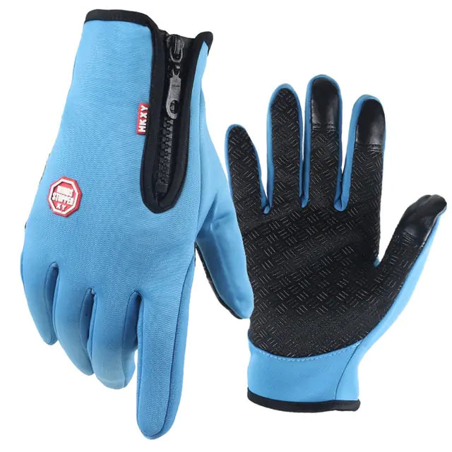 Unisex touchscreen thermal full finger gloves, blue with black accents, adjustable wrist strap, windproof zipper, suitable for outdoor activities like cycling and skiing.