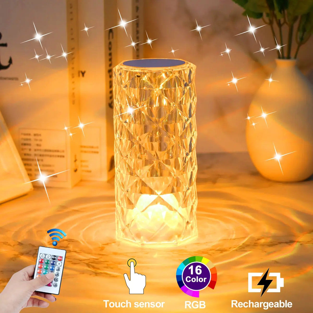 Crystal Atmosphere Table Lamp with colorful crystals, LED night light, touch control, and adjustable brightness.