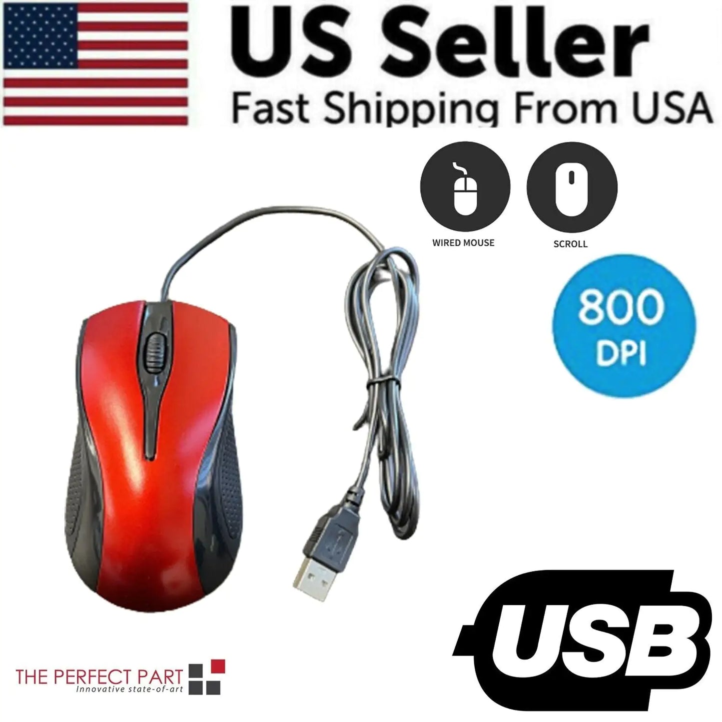 USB 2.0 Optical Wired Scroll Wheel Mouse For PC Laptop Notebook Desktop Red Mice by Anti Spier