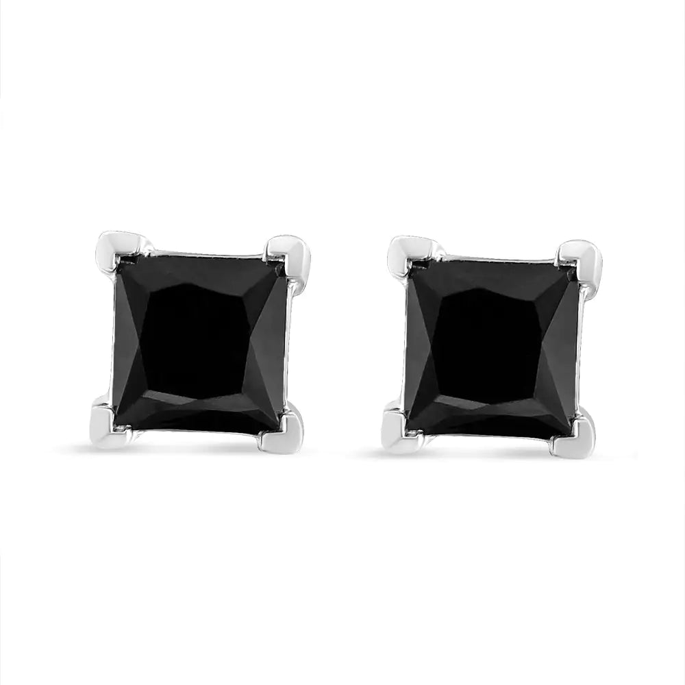 14K White Gold Princess-Cut Treated Black Diamond Classic 4-Prong Stud Earrings - Anti Spier