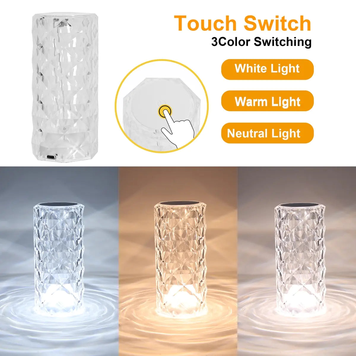 Crystal Atmosphere Table Lamp with touch control, showcasing LED night light and color-changing crystals.