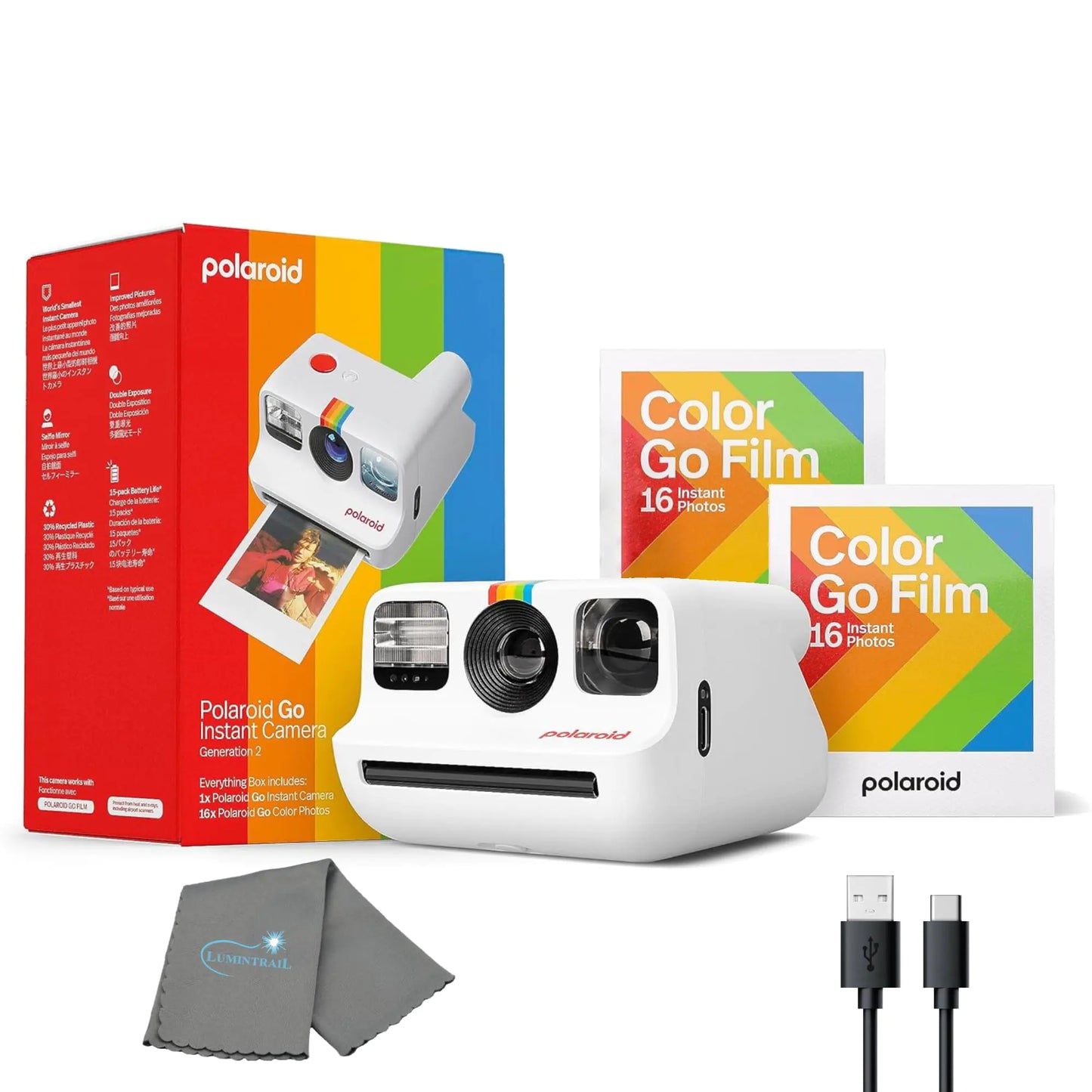 Polaroid Generation 2 Go Instant Mini Camera Starter Set White Instant Camera with 32 Polaroid Go Color Instant Film Bundle with a Lumintrail Lens Cleaning Cloth