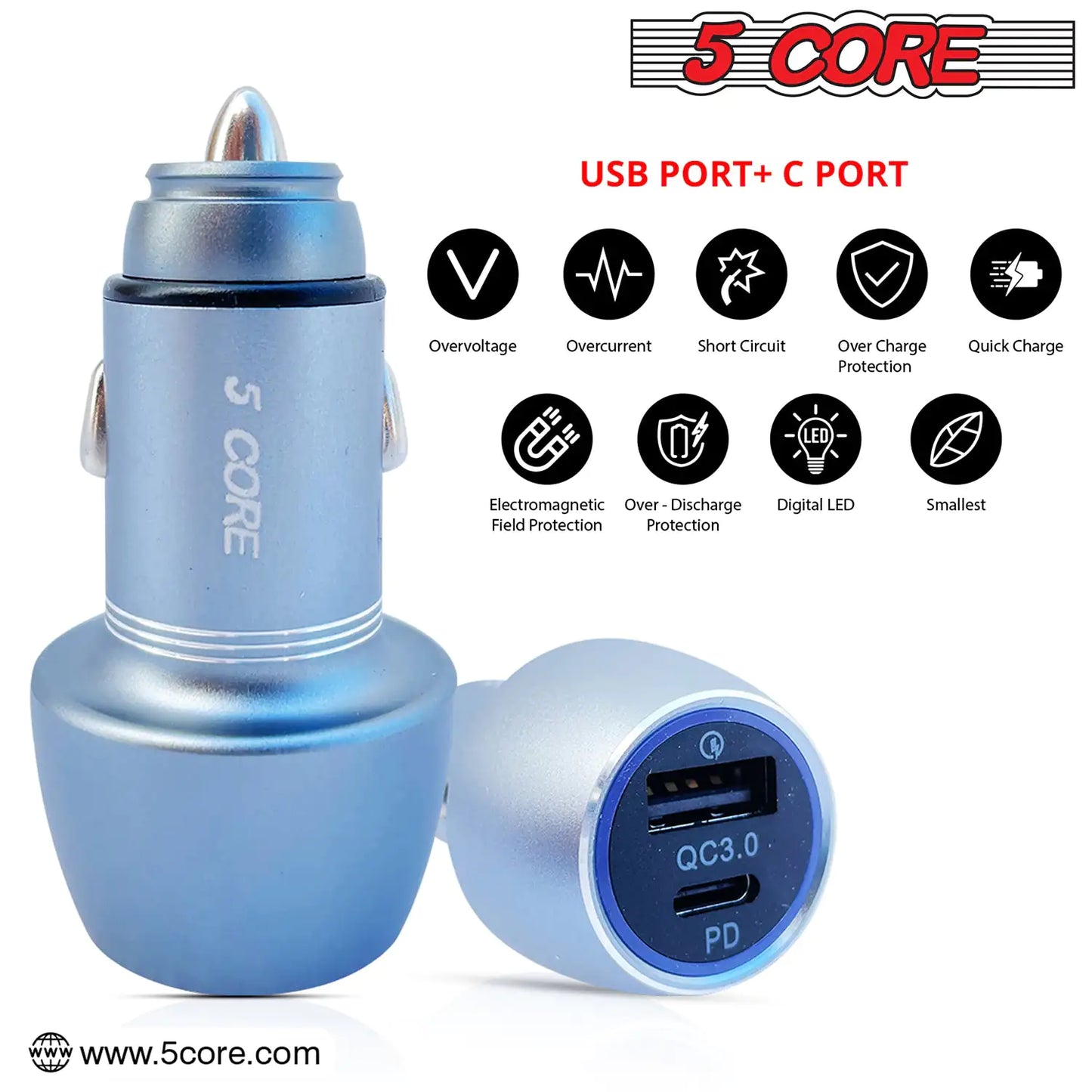 5Core USB Car Charger 36W Type C Cigarette Lighter Adapter Outlet Fast Charging - Anti Spier