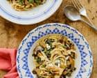 Thomasina Miers’ recipes for mushroom linguine with chard, and poached pears with spiced hazelnut crumble