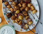 Rukmini Iyer’s quick and easy gunpowder paneer and potato skewers with lime-mint dressing – recipe