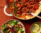 Sami Tamimi’s recipes for prawn and tomato stew with fregola, and herby quick-pickled vegetable salad