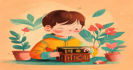 A child listening to a Yoto Music Box