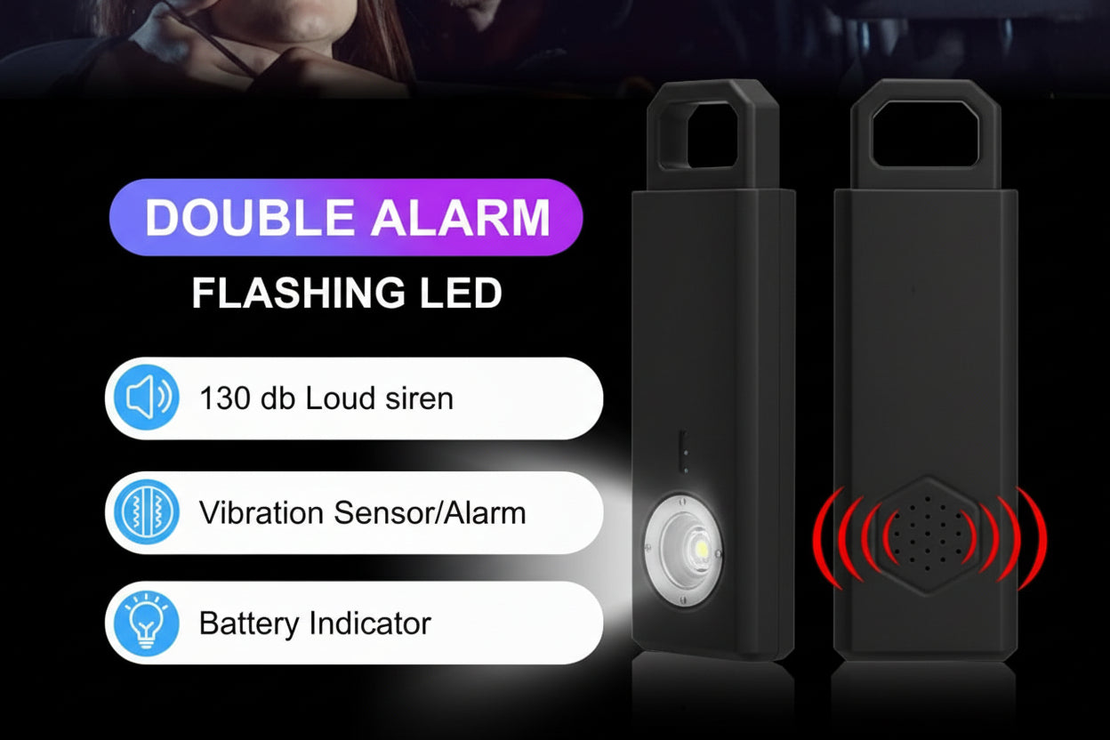 black alarm devices with features listed on a dark background