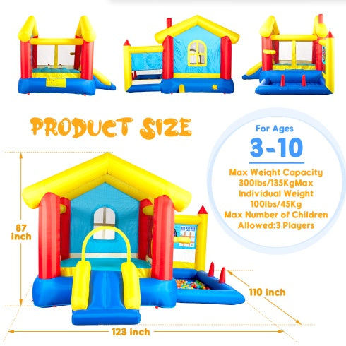 8 In 1 Inflatable Bounce House With Blower Basketball Hoop Ocean Balls Ring-toss Game Target And Sticky Ball Game For Kids