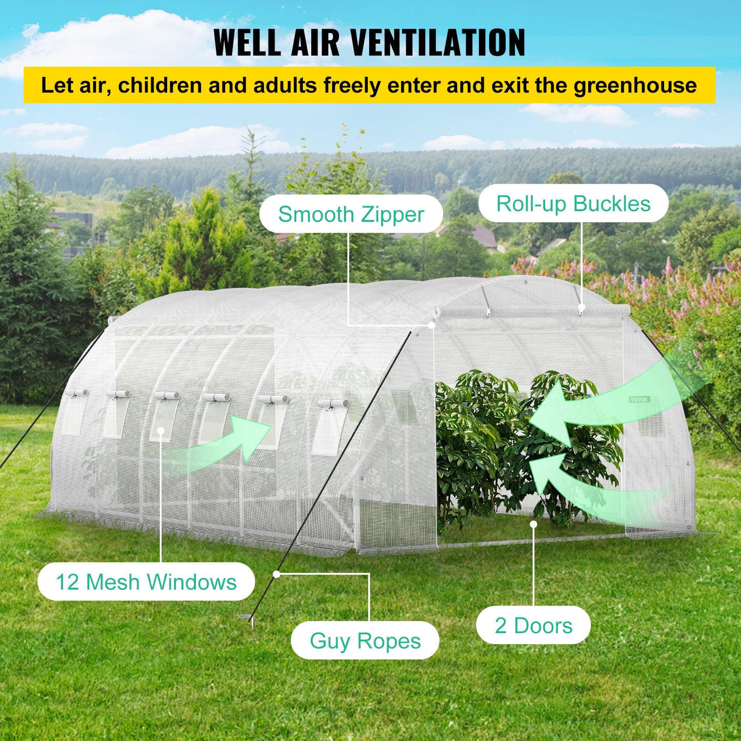 VEVOR Walk-in Tunnel Greenhouse, 20 X 10 X 7 Ft Portable Plant Hot House W Galvanized Steel Hoops, 3 Top Beams, Diagonal Poles, 2 Zippered Doors & 12 Roll-up Windows, White