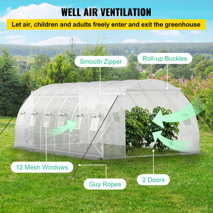 VEVOR Walk-in Tunnel Greenhouse, 20 X 10 X 7 Ft Portable Plant Hot House W Galvanized Steel Hoops, 3 Top Beams, Diagonal Poles, 2 Zippered Doors & 12 Roll-up Windows, White