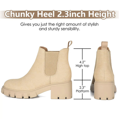 Athlefit Women's Chelsea Boots Fashion Lug Sole Chunky Heel Slip on Elastic Ankle Booties 10 Apricot