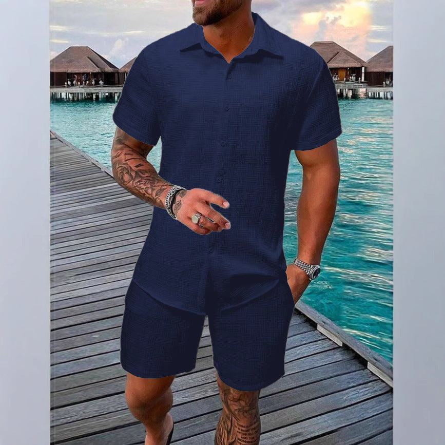 A two-piece set of jacquard black and white solid color short-sleeved men's vacation casual style shirt and shorts