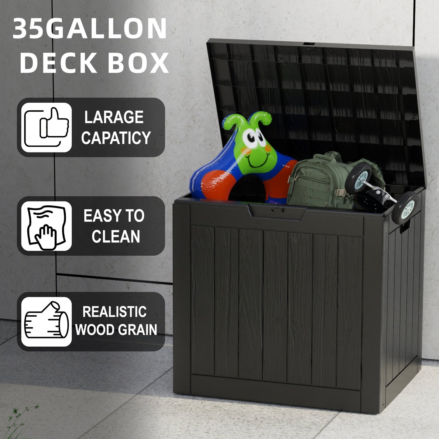 35 Gallon Outdoor Resin Storage Box – Black/Wood Grain by DailySale