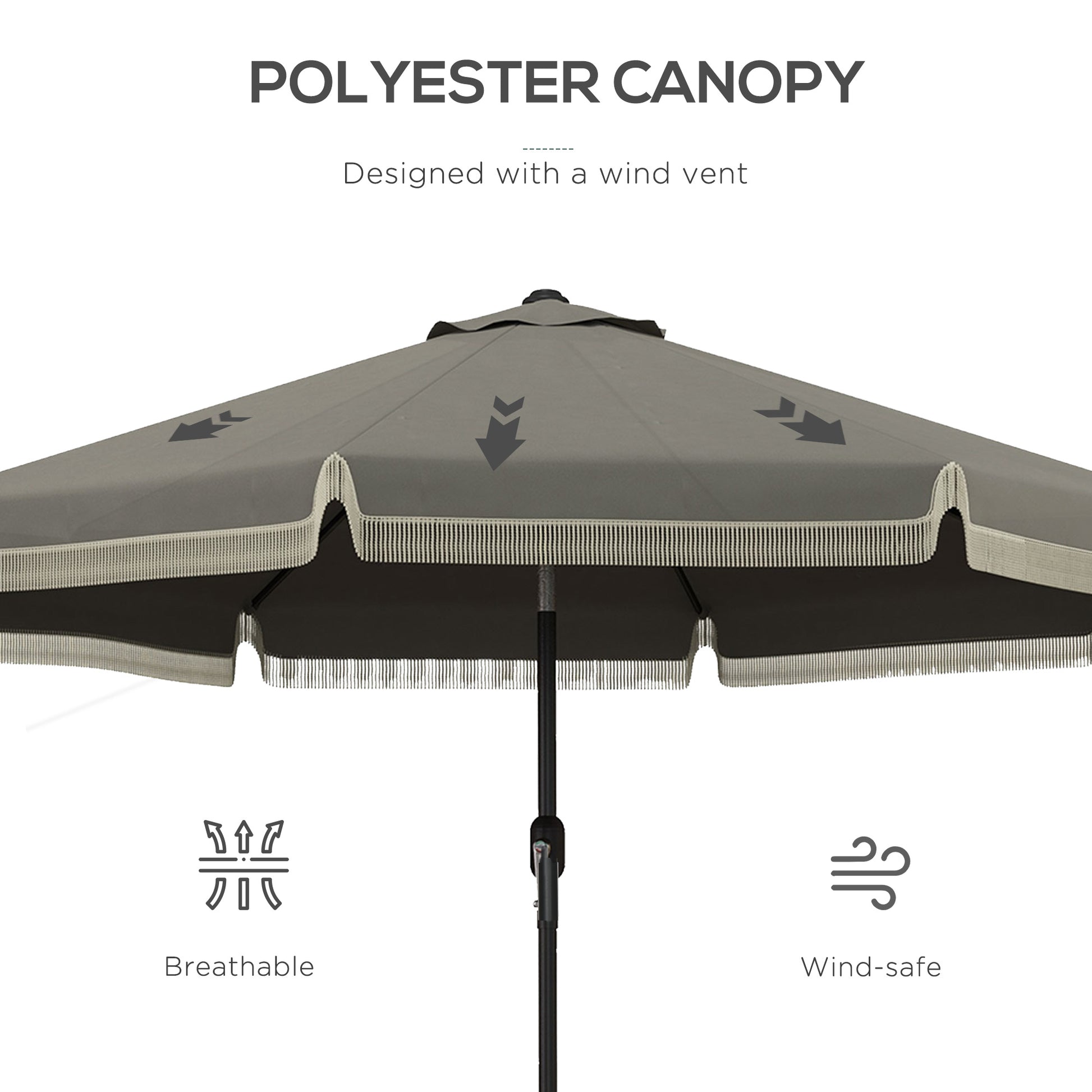 Outsunny 9ft Patio Umbrella with Push Button Tilt and Crank, Ruffled Outdoor Market Table Umbrella with Tassles and 8 Ribs, for Garden, Deck, Pool, Dark Gray by Dropsure