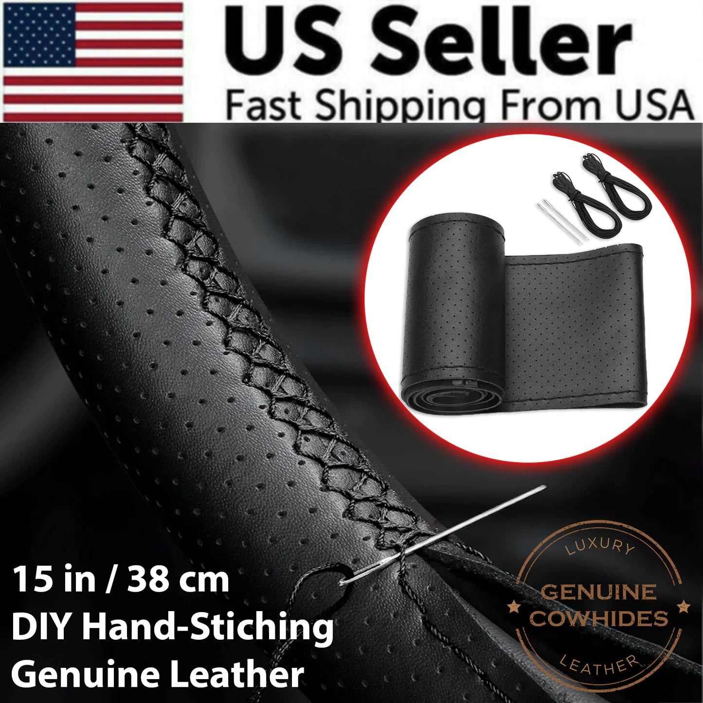 Genuine Leather DIY Car Steering Wheel Cover Anti-slip For 15"/38 cm Black US