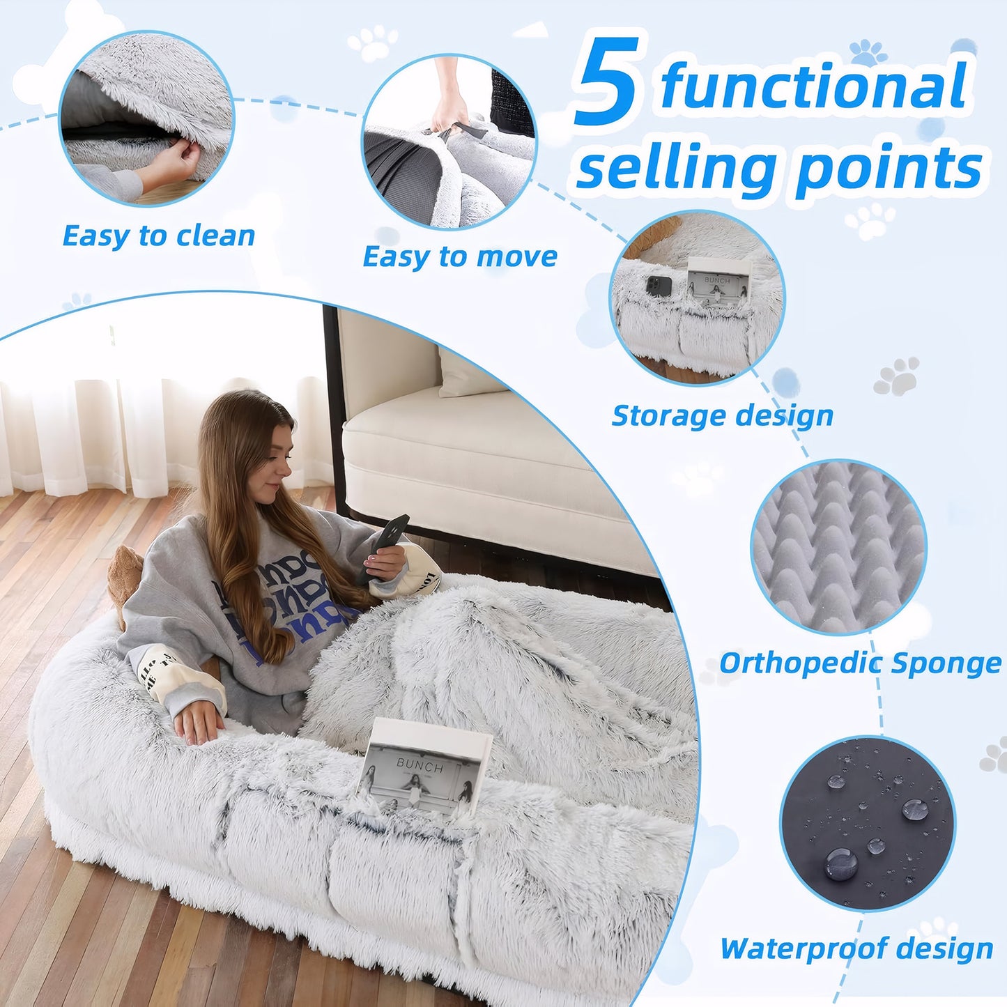 Human Dog Bed, Washable Faux Fur Dog Bed for People Doze Off, Napping Orthopedic Dog Bed,71''x45''x14'' Size Fits You and Pets (Grey) by Dropsure