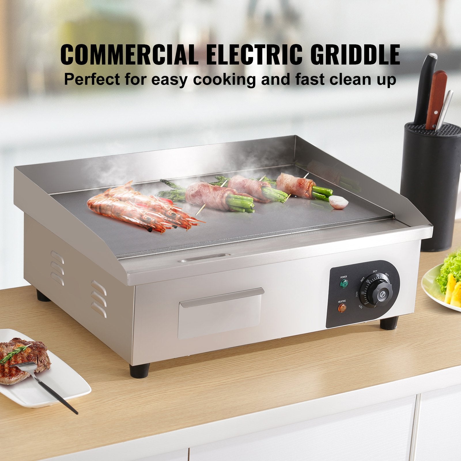 Commercial Electric Griddle, 21", 1600W Countertop Flat Top Grill, Stainless Steel Teppanyaki Grill with Iron Cooking Plate, 122-572℉ Adjustable Temp Control 2 Shovels & Brushes, 110V by Dropsure