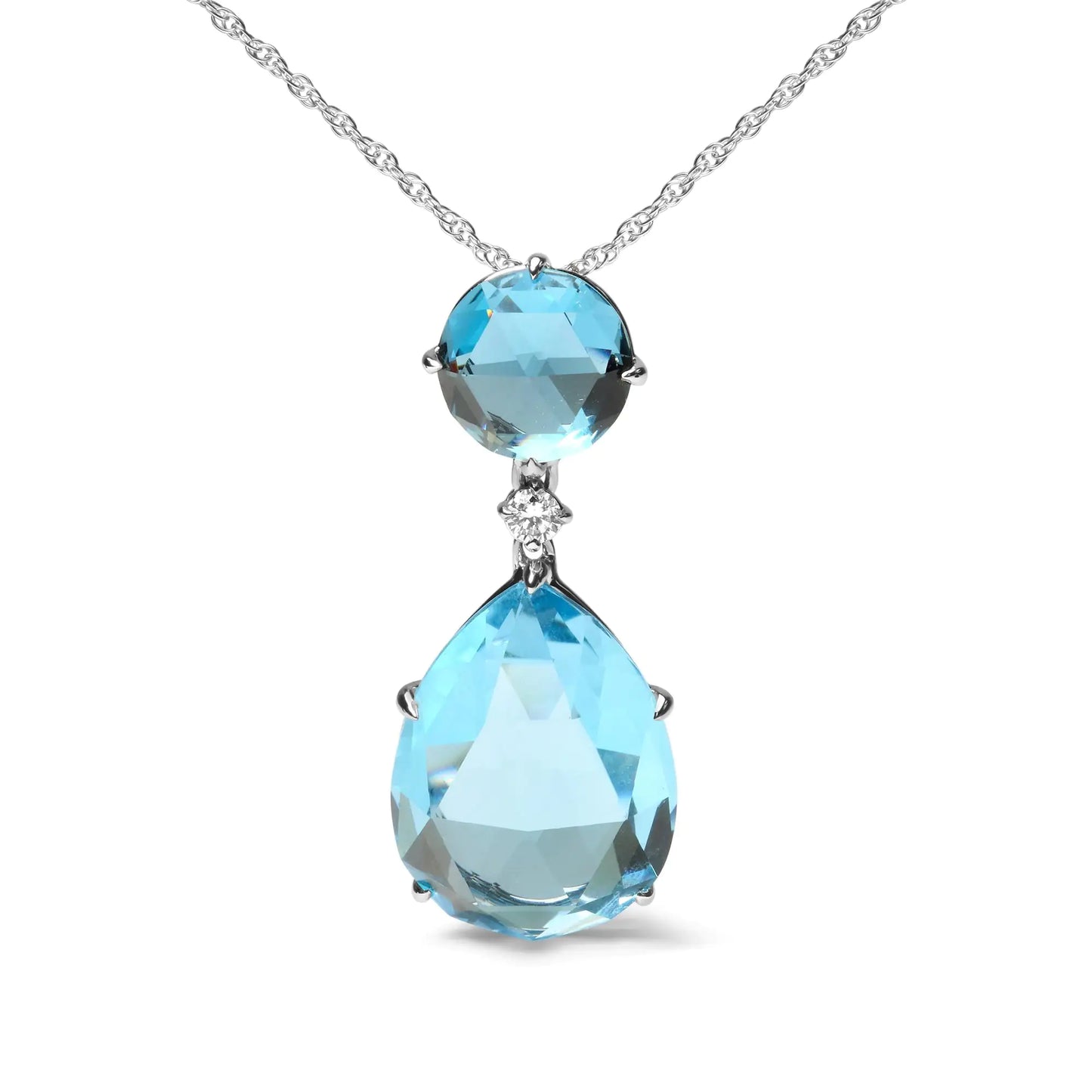 18K White Gold Diamond Accent and Round London Blue Topaz and Pear Cut Sky Blue Topaz Dangle Drop 18" Pendant Necklace (G-H Color, SI1-SI2 Clarity) - Anti Spier 