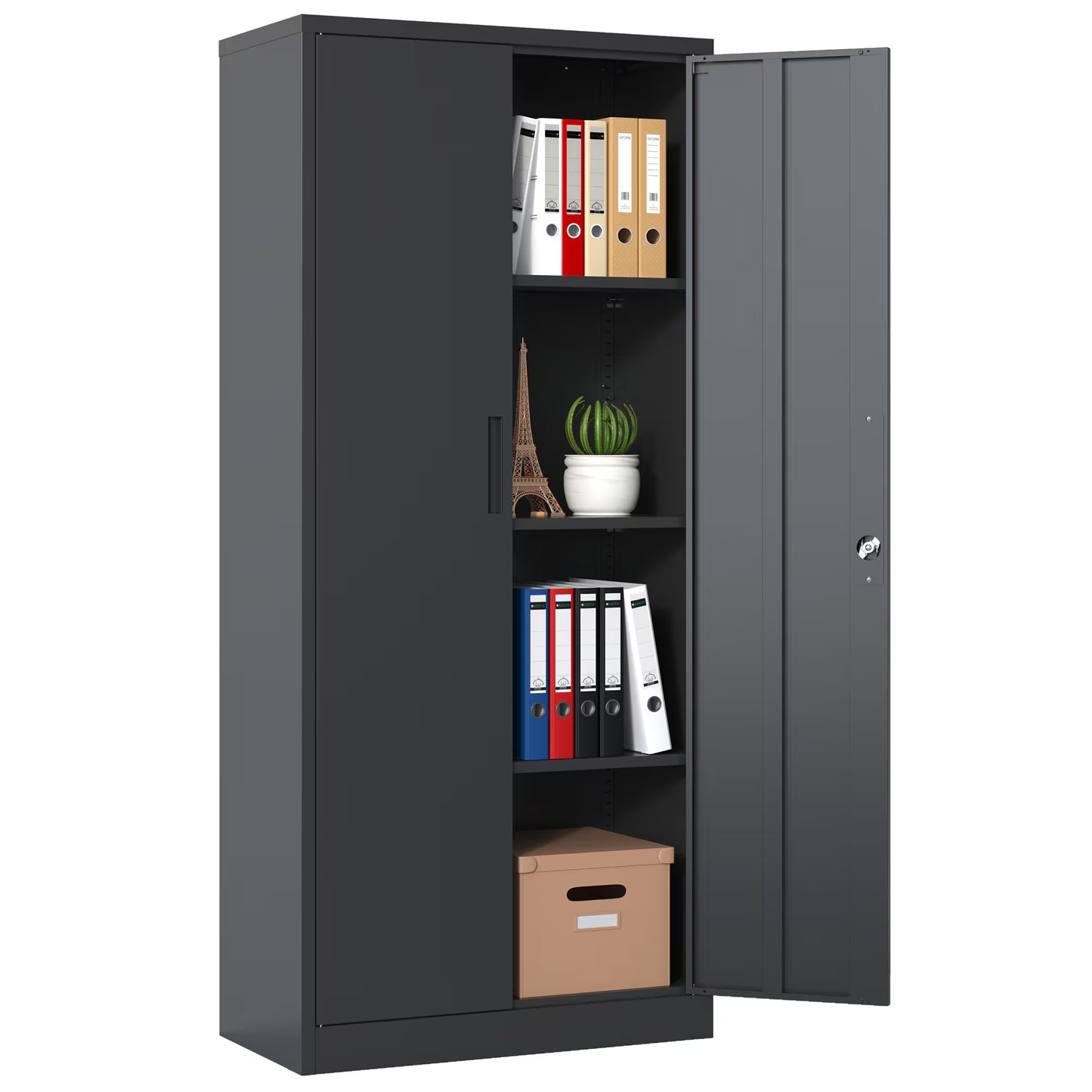 71 Inch H Metal Garage Storage Cabinet, Black Tool Steel Locking Cabinet With Doors And 3 Shelves, Tall Cabinets For Garage Storage Systems Lockable File Cabinet For Home Office, Classroom Pantry