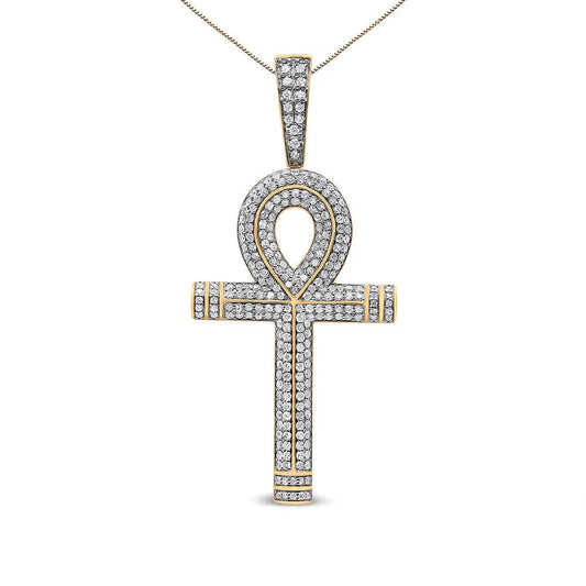 10K Yellow Gold 1 7/8 Cttw Round Diamond Ankh Cross Pendant Necklace for Men (H - I Color, SI1 - SI2 Clarity) - NO CHAIN INCLUDED - Anti Spier - Anti Spier - 